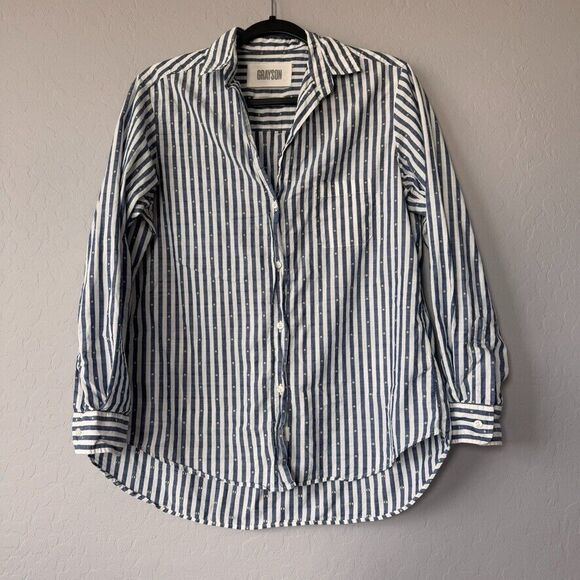 Grayson Size 2 Small White Blue Stripe 100% Cotton Button Up Long‎ Sleeve Shirt - Picture 1 of 7